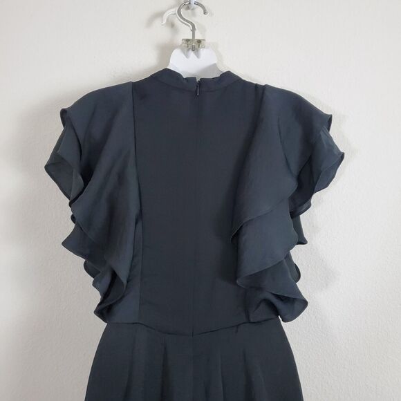 Avec Les Filles Dress Womens XS Black Ruffles Faux Wrap Mini Satin - Picture 7 of 12